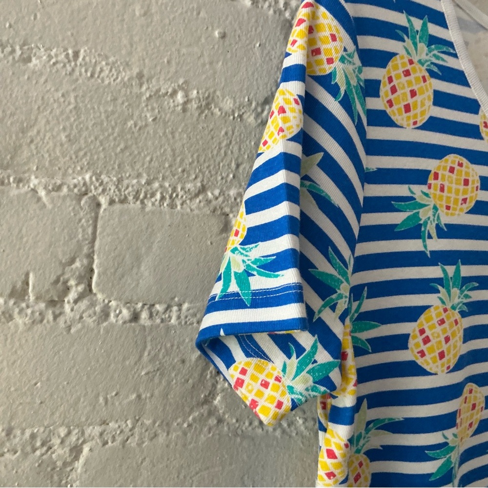 NWT Womens Blue Striped Top 100% Cotton Yellow Pineapple Print Tropical Summer L - Picture 3 of 11